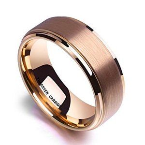 Mens Tungsten Wedding Band 8mm. Rose Gold Ring w/ Matte Finish Top & High Polish